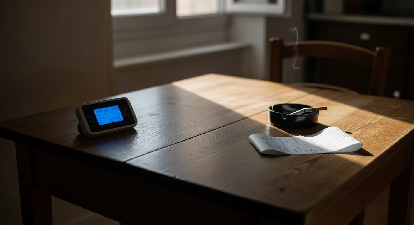 A close-up shot of a worn wooden kitchen table in a French apartment, featuring a faintly glowing smart electricity meter on one side and a half-smoked cigarette next to a crumpled bank statement on the other, symbolizing recent financial adjustments.