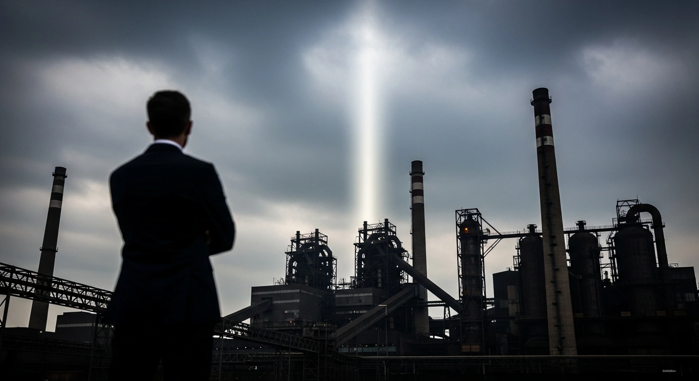A lone figure in a dark suit stands with their back to the viewer, arms crossed, overlooking a vast, imposing industrial steel complex under an overcast sky with a dramatic beam of light, symbolizing the French government's opposition to nationalizing ArcelorMittal's sites despite parliamentary support for industrial sovereignty and preventing job cuts.