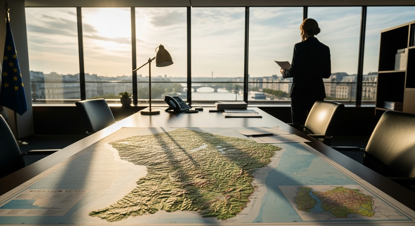 A government official reviews a map of French Guiana in a Parisian office during a formal policy discussion regarding the territory's development.