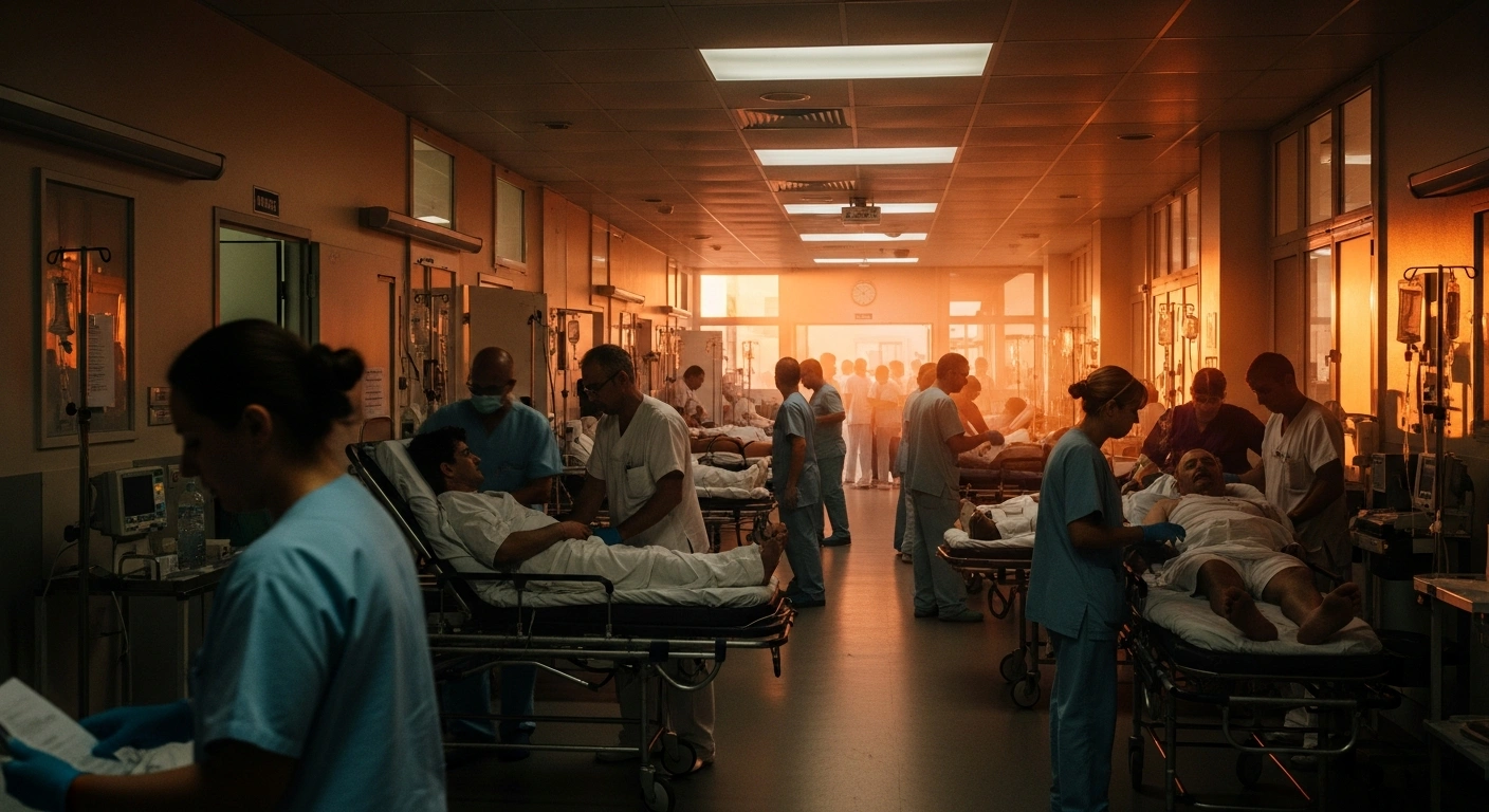 Medical staff attend to patients in a crowded French emergency room during a severe heatwave as reported by Santé Publique France.