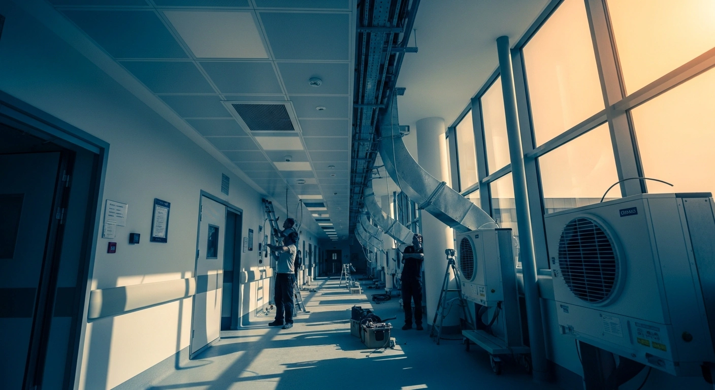 Technicians install advanced climate-control cooling systems in a French hospital to protect patients during extreme heat waves.