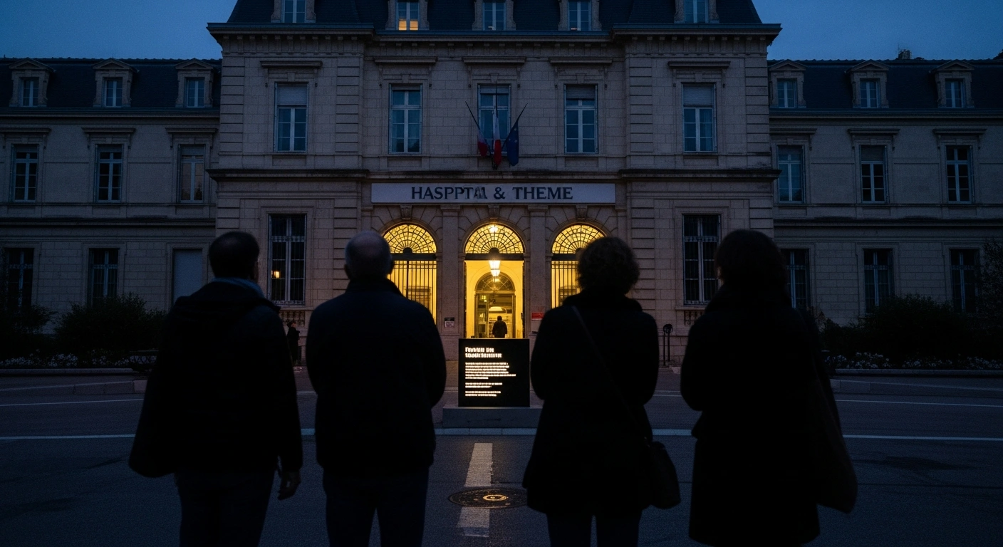A historic hospital building in southwestern France at dusk, with a subtle digital display hinting at a public appeal for citizen loans to fund urgent needs and medical supplies, representing the efforts of cash-strapped public hospitals like the Basque Coast Hospital Centre in Bayonne.