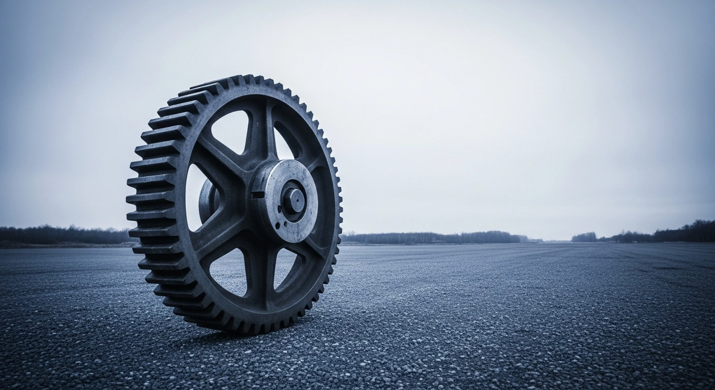 A visual representation of economic slowdown, showing a vast, empty industrial landscape under an overcast sky where a large, weathered gear slowly grinds to a halt, symbolizing the significant drop in French annual inflation to 0.4% in January 2026 and the broader eurozone inflation slowdown to 1.7%, impacting European Central Bank monetary policy discussions.