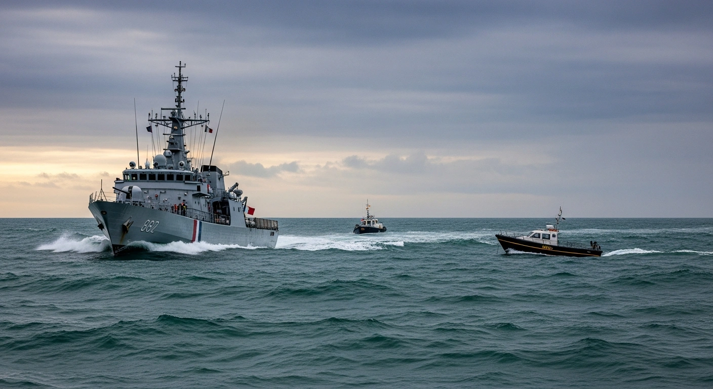 A French patrol vessel intercepts an empty 'taxi boat' in the choppy waters of the English Channel at dawn, illustrating the French government's new policy to deter illegal migrant crossings to the UK.
