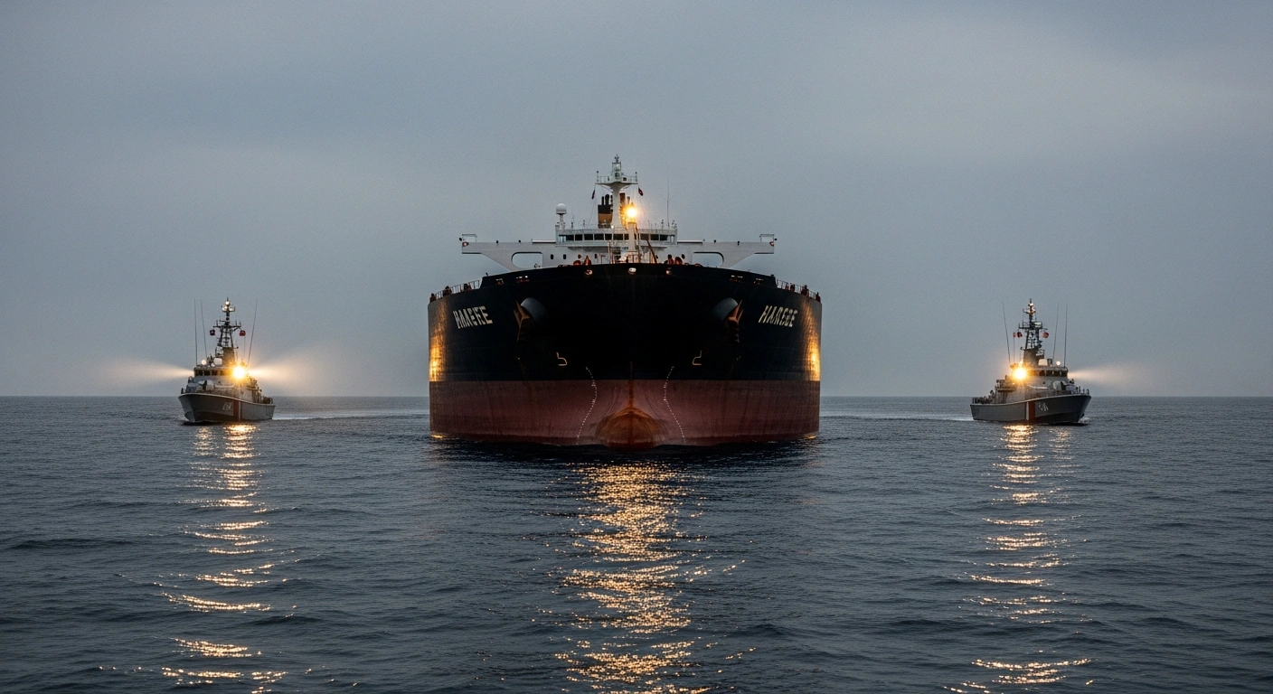 French authorities' patrol boats flank the large oil tanker MT Grinch in the Mediterranean Sea at dawn, following its interception on suspicion of being part of Russia's 'shadow fleet' and breaching sanctions.