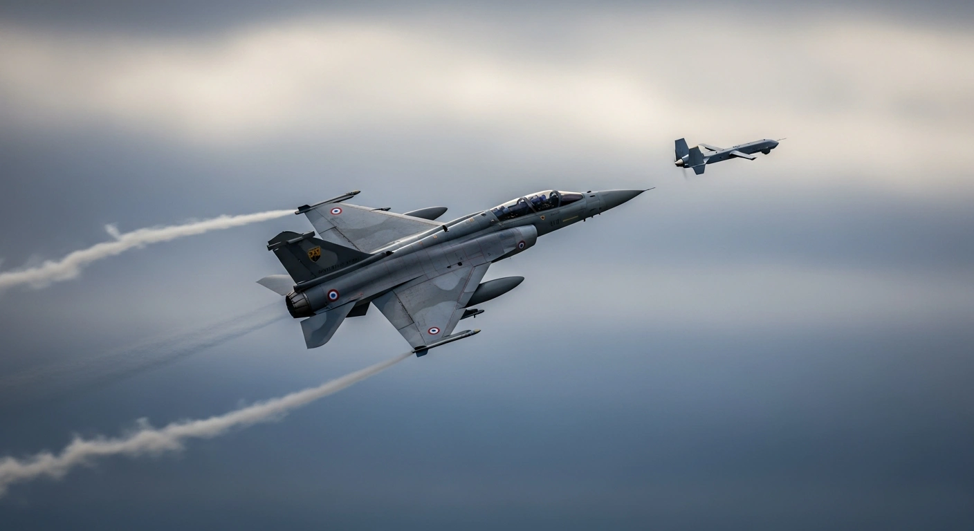 A French Air and Space Force fighter jet intercepts an unidentified drone over Latvian airspace during a NATO air policing mission.