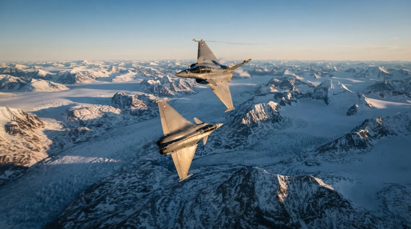 Two French Air and Space Force fighter jets fly over the snowy landscape of Greenland during the Pégase 2023 long-range deployment mission.