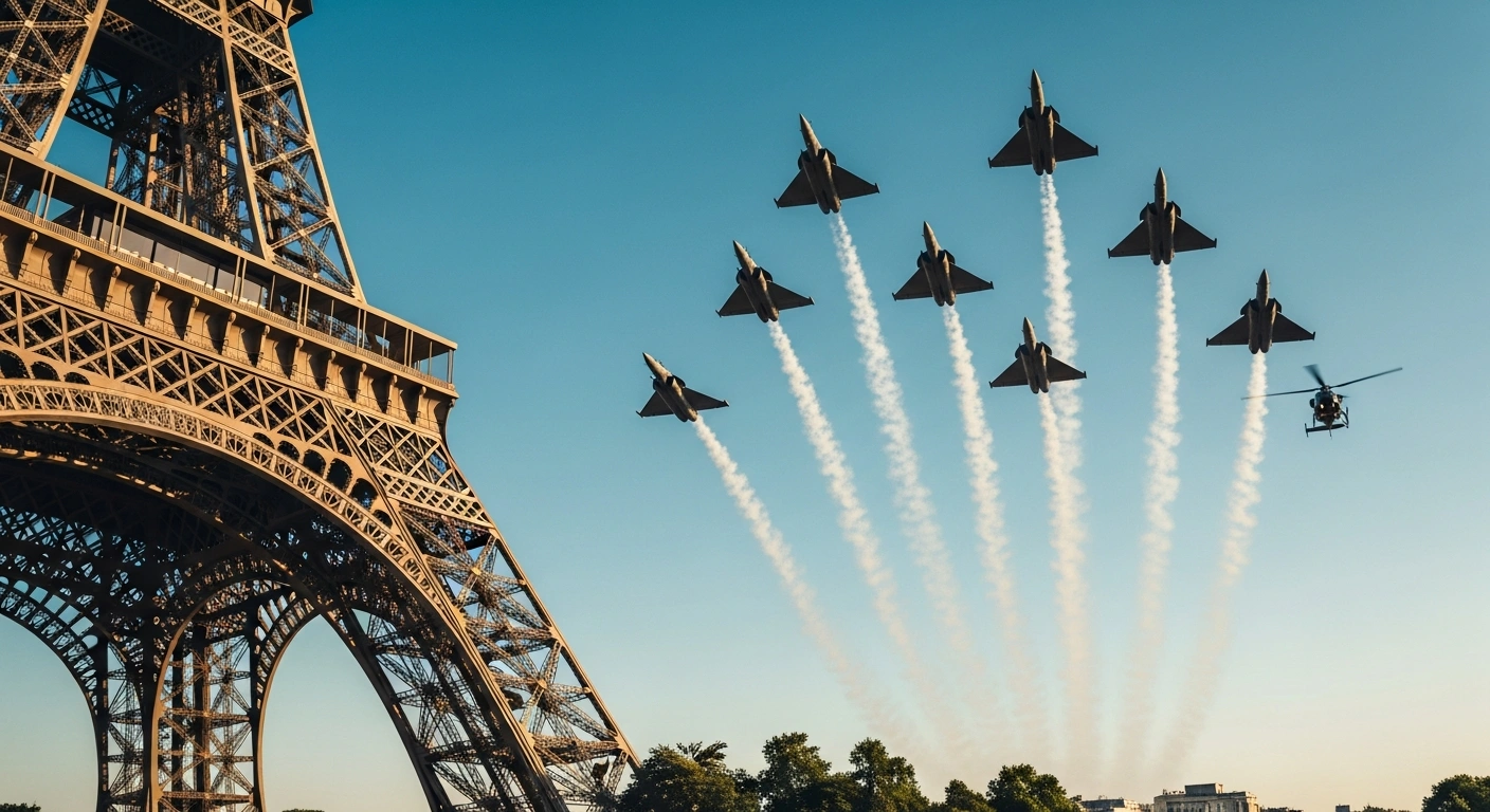 French Air and Space Force Rafale jets and a helicopter perform a ceremonial flyover above the Eiffel Tower in Paris to honor the 250th anniversary of the United States.