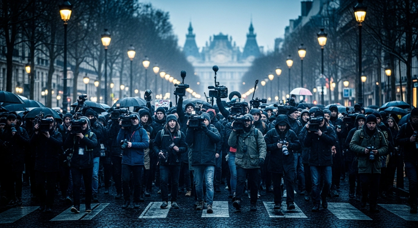 Journalists gather in a large protest in Paris to demonstrate against the impact of artificial intelligence on the media industry.