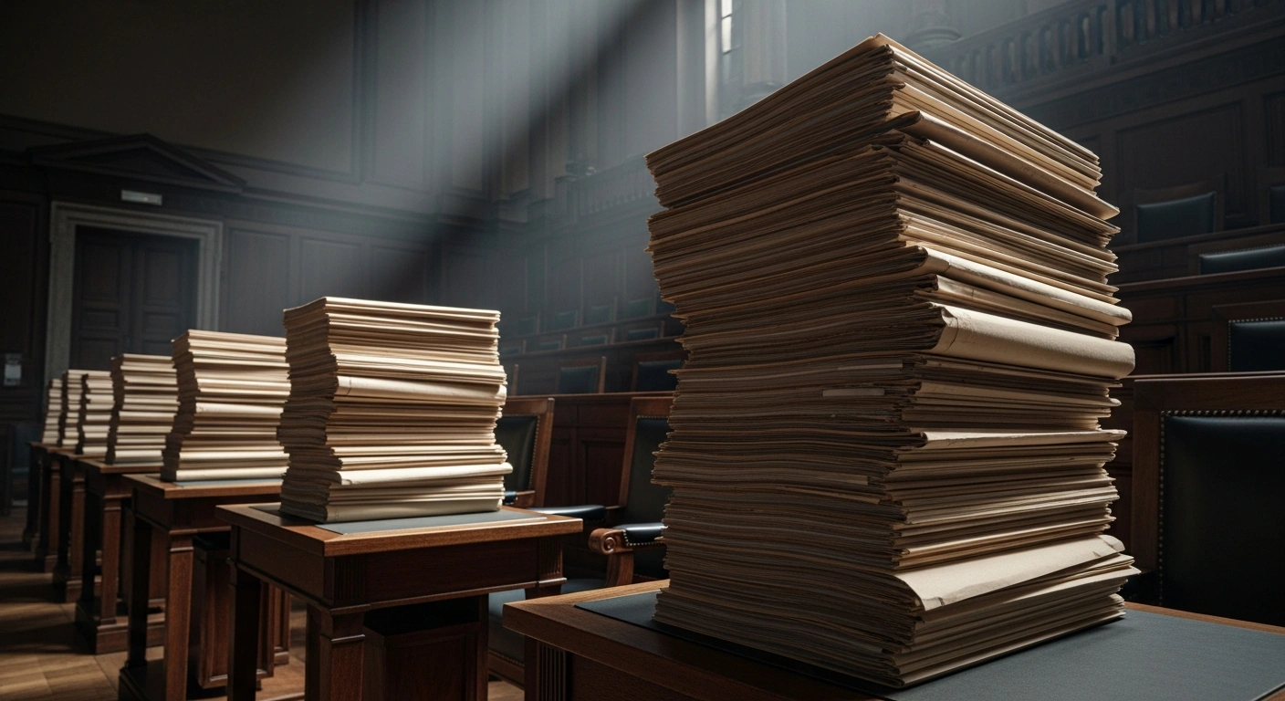 Stacks of legal files pile up in a dimly lit French courtroom, representing the significant case backlogs and resource strain within the French judicial system.