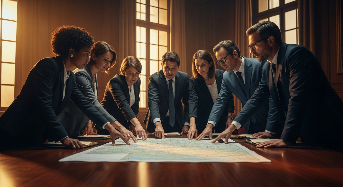 French left-wing political party representatives gather around a table to negotiate strategic alliances following the first round of municipal elections.