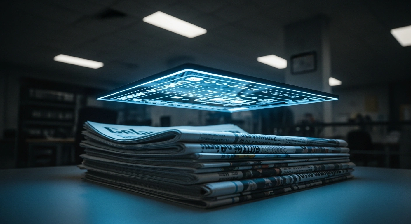 A digital interface representing AI search technology looms over traditional French newspapers, illustrating the legal dispute between media publishers and Google.