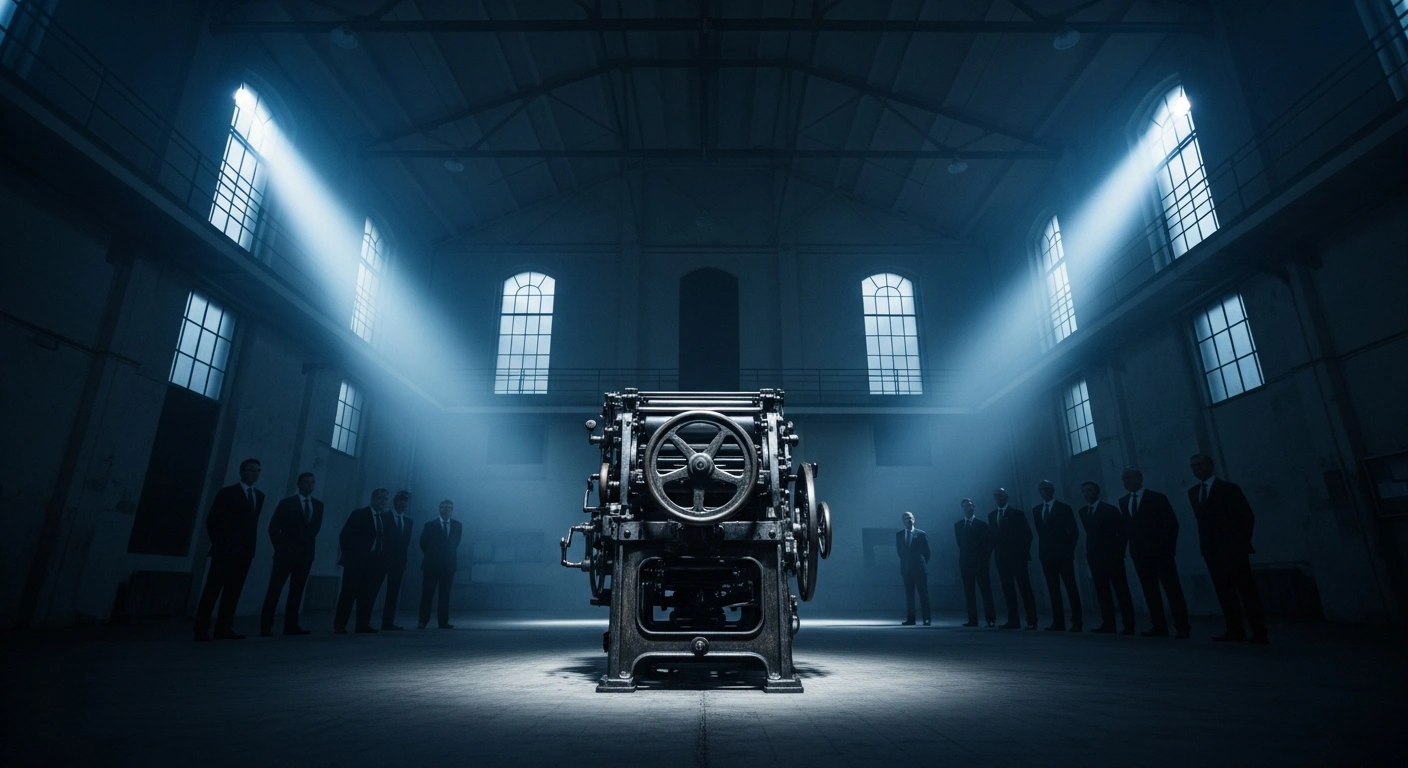 A symbolic representation of French media consolidation showing a printing press surrounded by shadowy figures representing billionaire owners.
