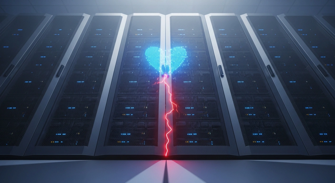 An ominous, blue-lit server rack with a spreading crimson digital crack, symbolizing a data breach at the French Ministry of Economy and Finance impacting 1.2 million bank accounts through stolen credentials.