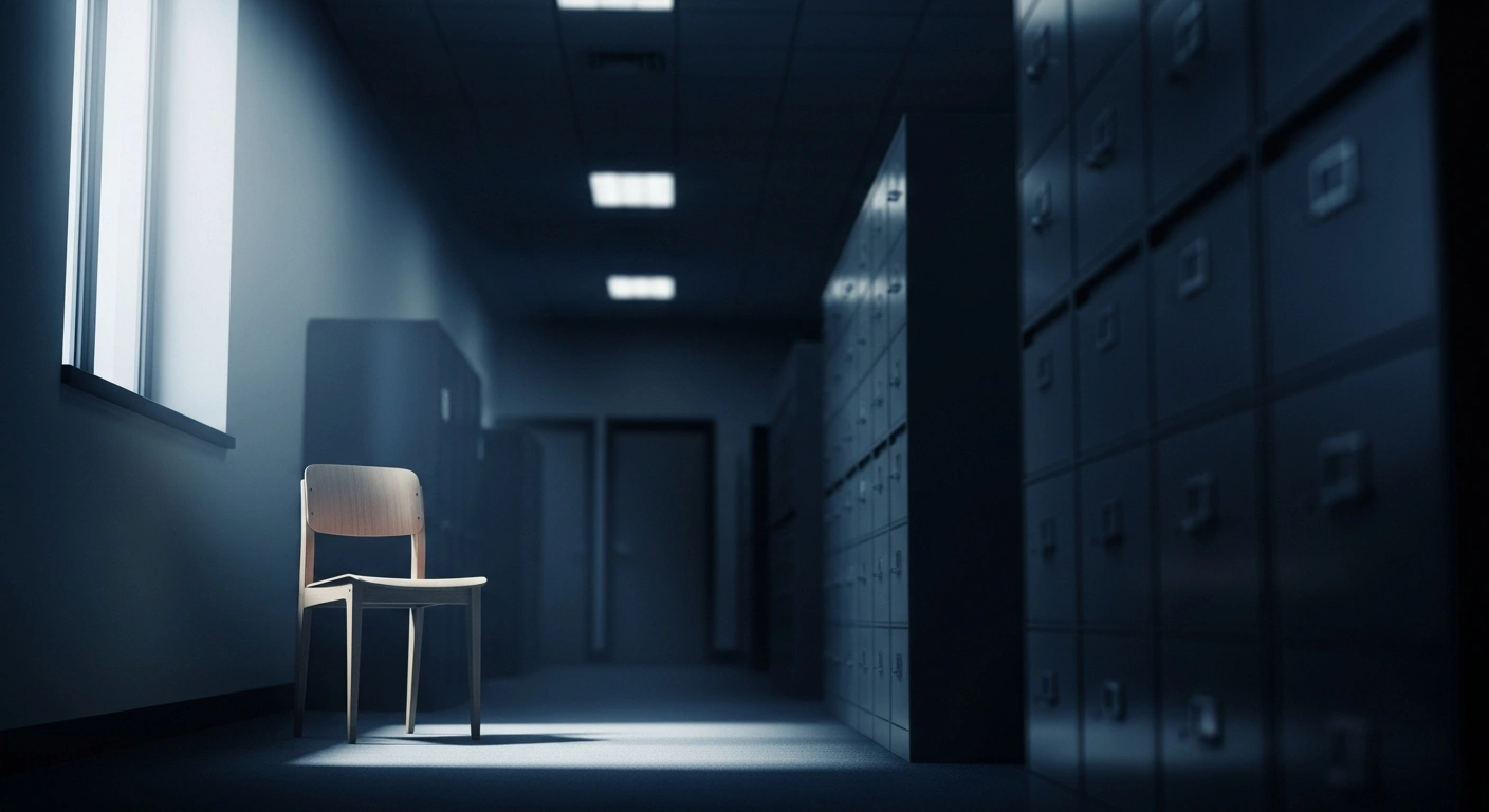 An empty office chair sits in a dimly lit government building hallway, representing the investigation into workplace harassment within the French public administration.