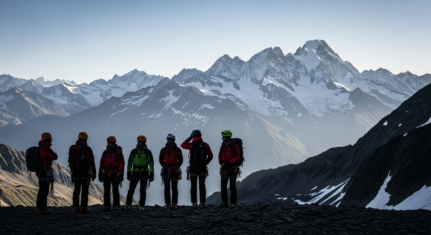 A team of French police mountain rescuers, equipped for winter operations, stands vigilant against a backdrop of majestic, snow-capped peaks in the French Alps at dawn, preparing for increased emergency callouts during the Christmas holidays.