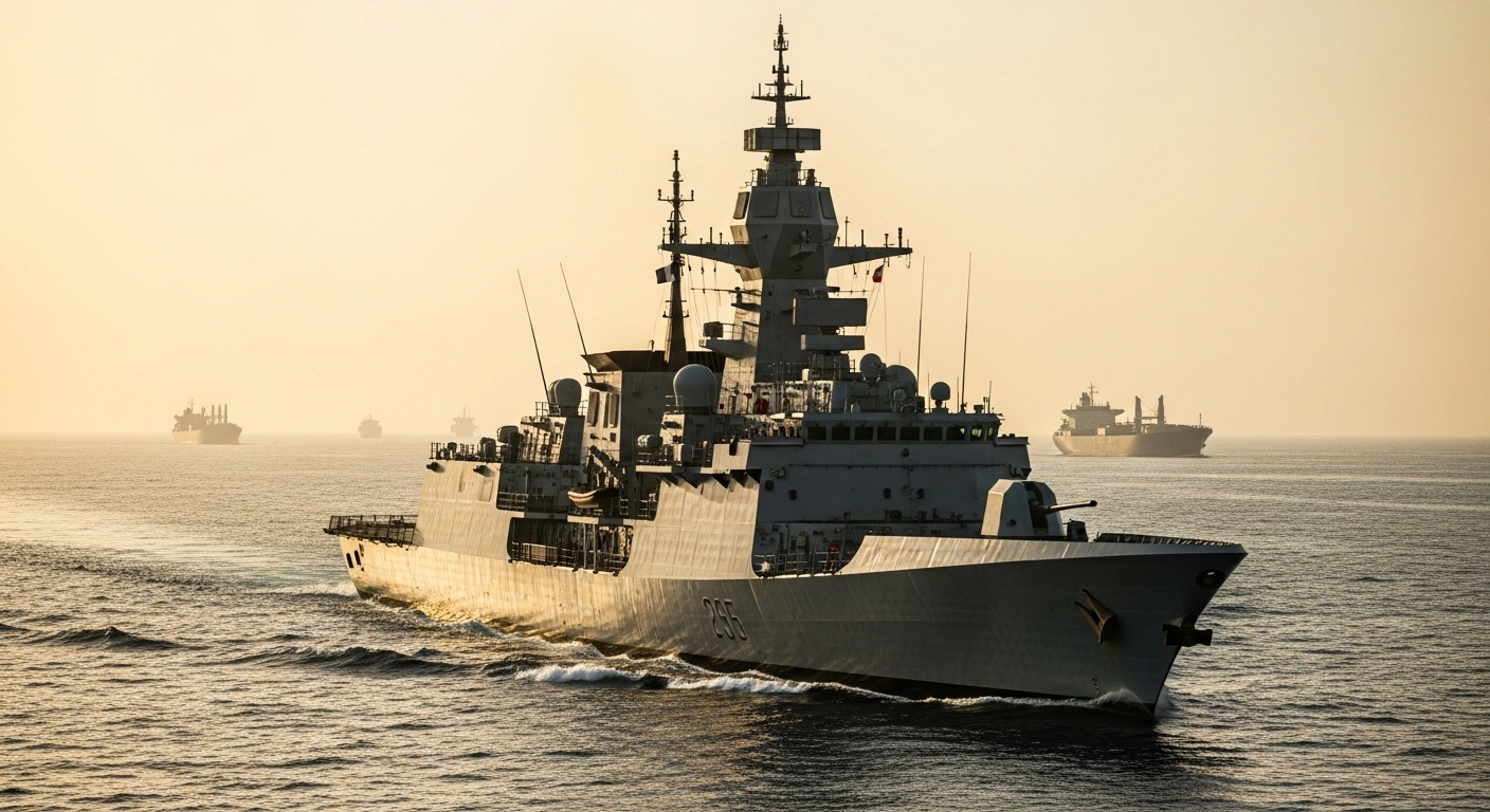 A French naval frigate patrols the Strait of Hormuz to ensure freedom of navigation for global energy supplies.