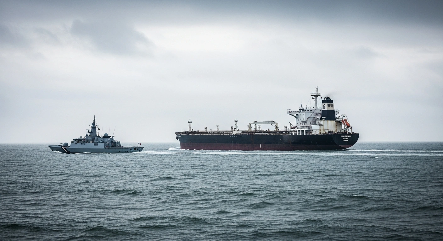 A French naval vessel intercepts a Russian-linked oil tanker in the English Channel following European Union sanctions.