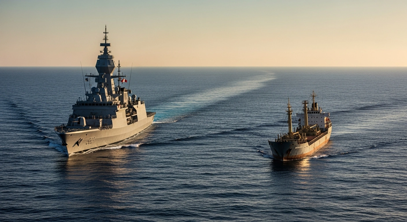 A French naval frigate intercepts a suspicious shadow fleet cargo vessel in the Mediterranean Sea to enforce international maritime sanctions.