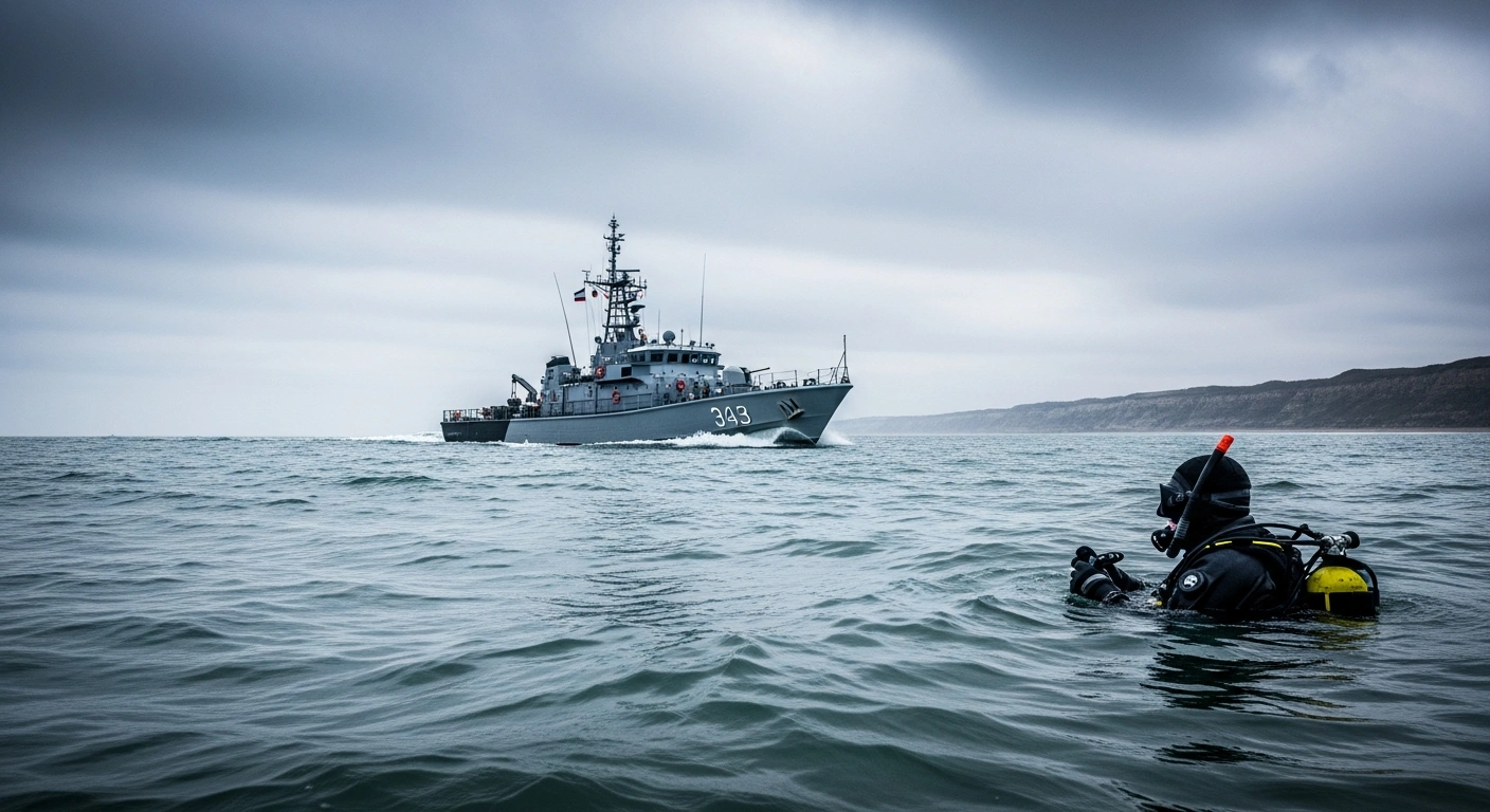 A French Navy mine-hunting ship conducts maritime security operations off the coast of Normandy to clear historical underwater ordnance.