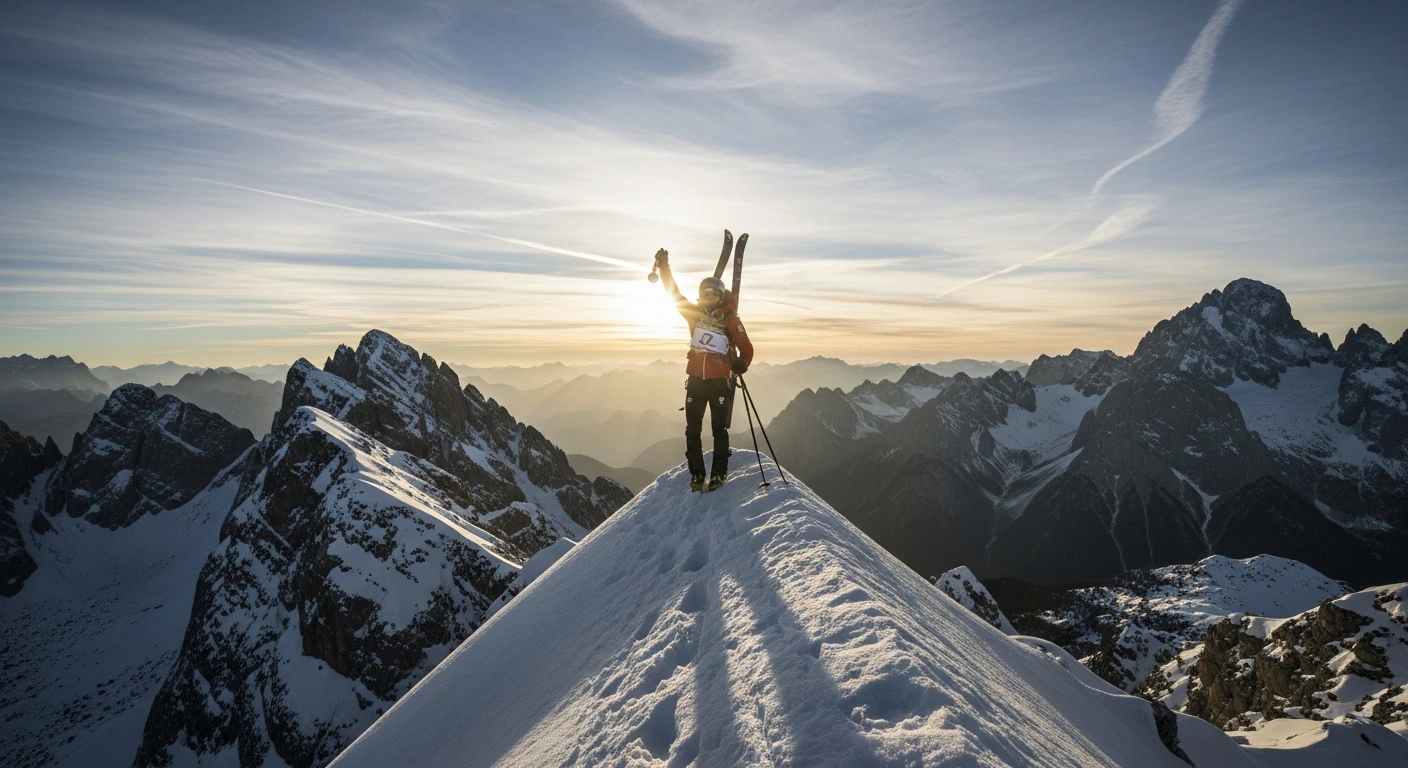 A French ski mountaineer, representing Emily Harrop and Thibault Anselmet, stands triumphantly on a snowy mountain peak at the Milano Cortina 2026 Winter Olympics, holding a silver or bronze medal after securing historic podium finishes in the inaugural ski mountaineering sprint events.