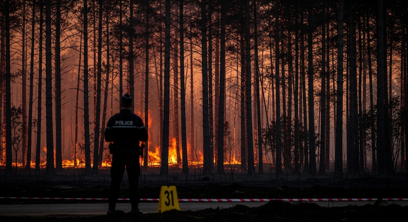 A French police officer investigates a charred forest area following a series of wildfire-related arrests across France.