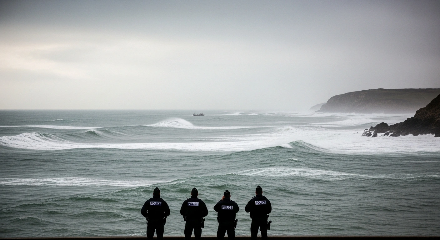 A wide, low-angle cinematic shot shows a small group of French police officers silhouetted against the turbulent, grey waters of the English Channel on a stormy, overcast day, with a faint silhouette of a small vessel struggling on the distant horizon.