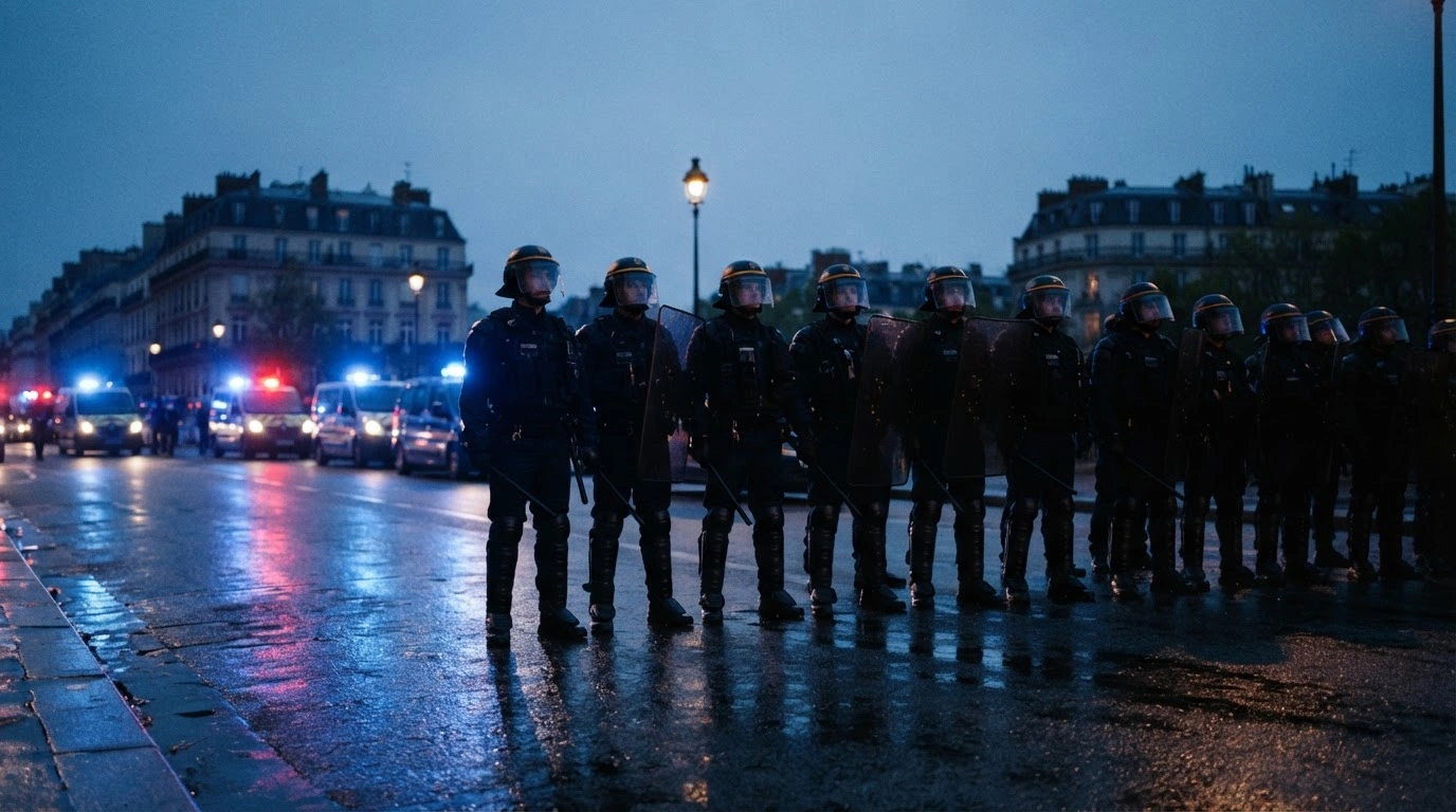French police and gendarmes stand in formation on a city street during a massive security operation to maintain order over the Halloween weekend.