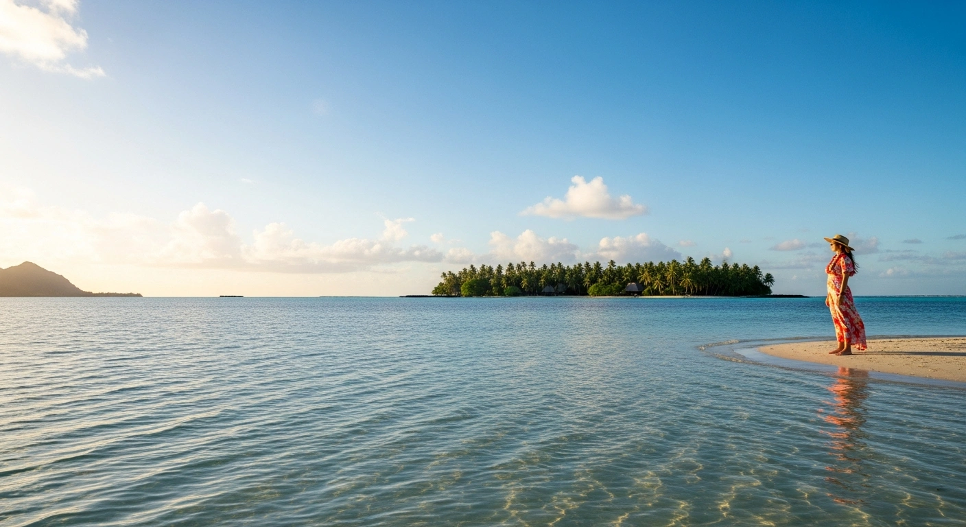 A wide, low-angle shot captures a serene French Polynesian lagoon at golden hour, with a lone figure standing at the water's edge, symbolizing the official end of the dengue epidemic declared by ARASS, a significant public health milestone for the territory.