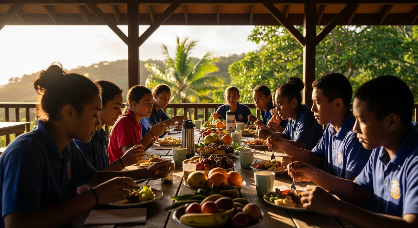 Secondary school students in French Polynesia eat healthy, free school meals at an outdoor pavilion as part of a new government nutrition initiative.