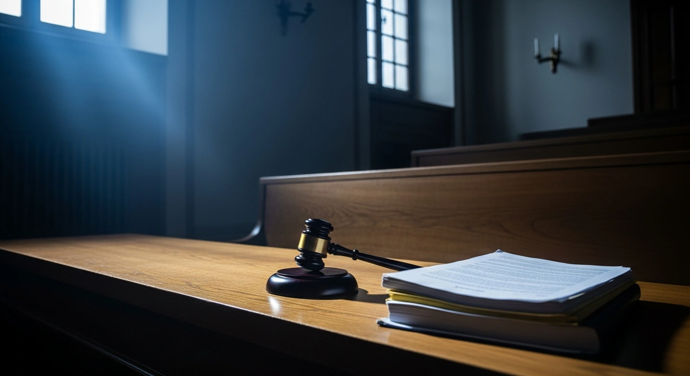 A gavel rests on official legal documents inside a French courtroom, representing the new administrative procedures for withdrawing inmate sentence reductions.