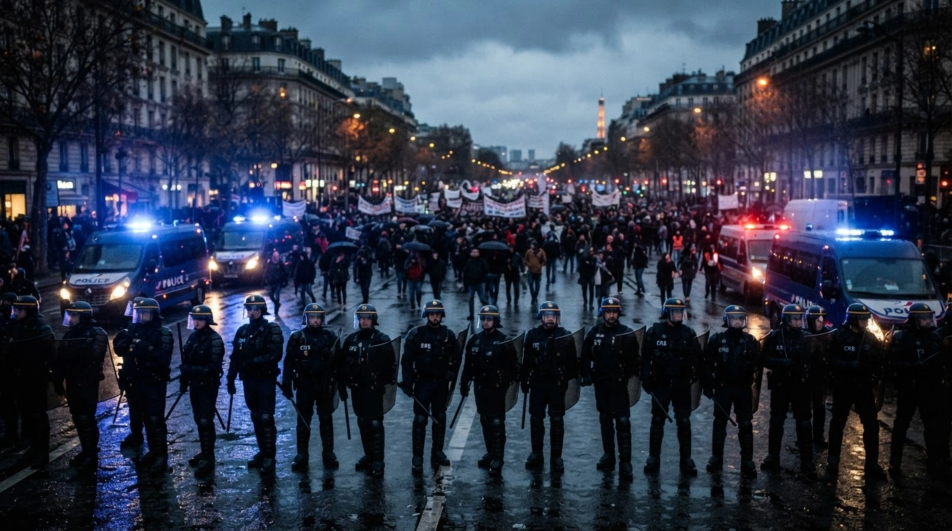 Riot police stand in formation on a city street as protesters gather for nationwide demonstrations in France.