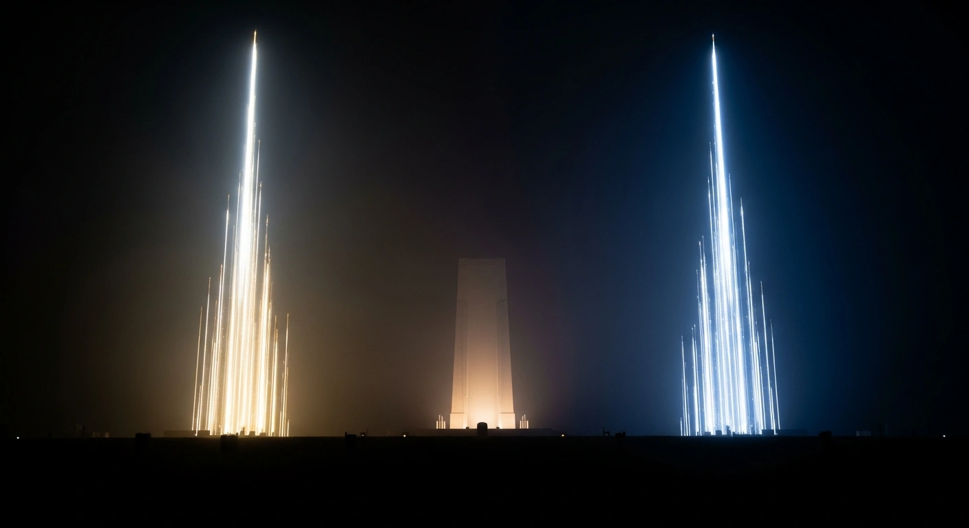 A dramatic, low-angle scene depicts a central, dimming monolithic structure representing France Inter, flanked by two brightly ascending pillars of light symbolizing RTL and Europe 1, illustrating a significant shift in the French radio audience as revealed by new Médiamétrie figures for September-October 2025.