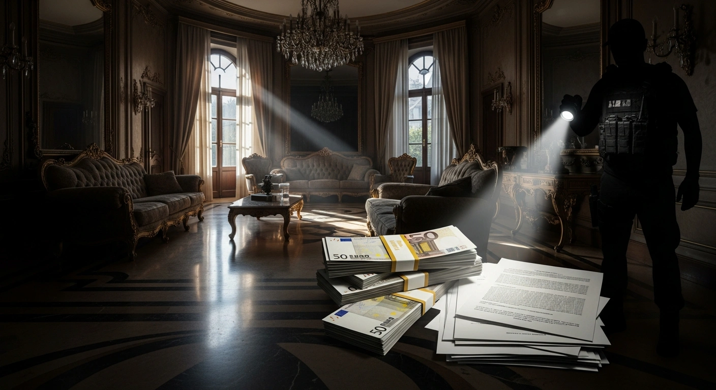 A wide-angle shot shows a lavish, dimly lit Romanian real estate interior with moonlight streaming through windows, illuminating stacks of euro banknotes and legal documents on a marble floor, highlighted by a tactical flashlight held by a silhouetted figure in a tactical vest, representing the discovery of illicit profits from a criminal network by French and Romanian authorities.