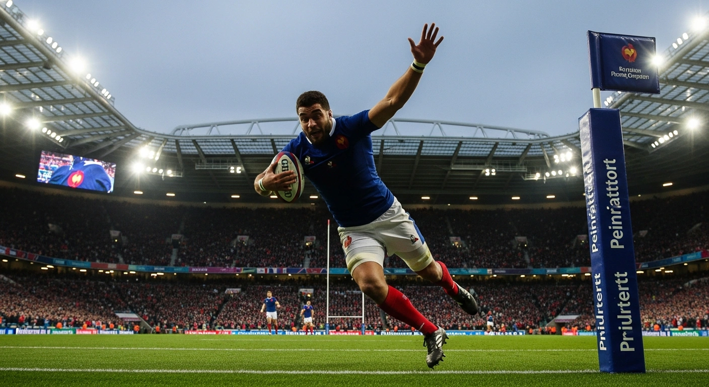 A French rugby player in a blue jersey dives to score a try at Principality Stadium in Cardiff, celebrating a dominant 54-12 victory against Wales in the Six Nations tournament.