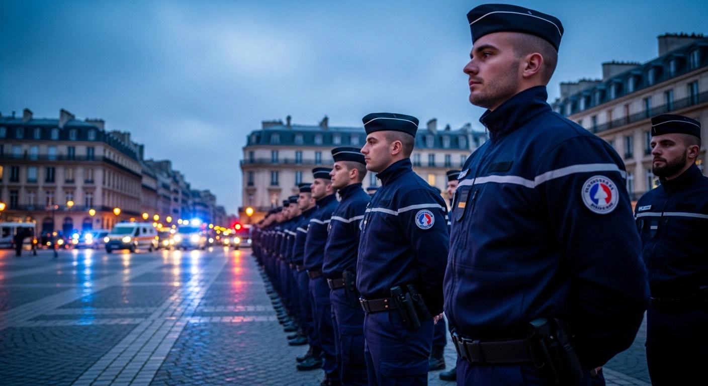 French police and security forces stand in formation to monitor public safety during national festivities in a major city.