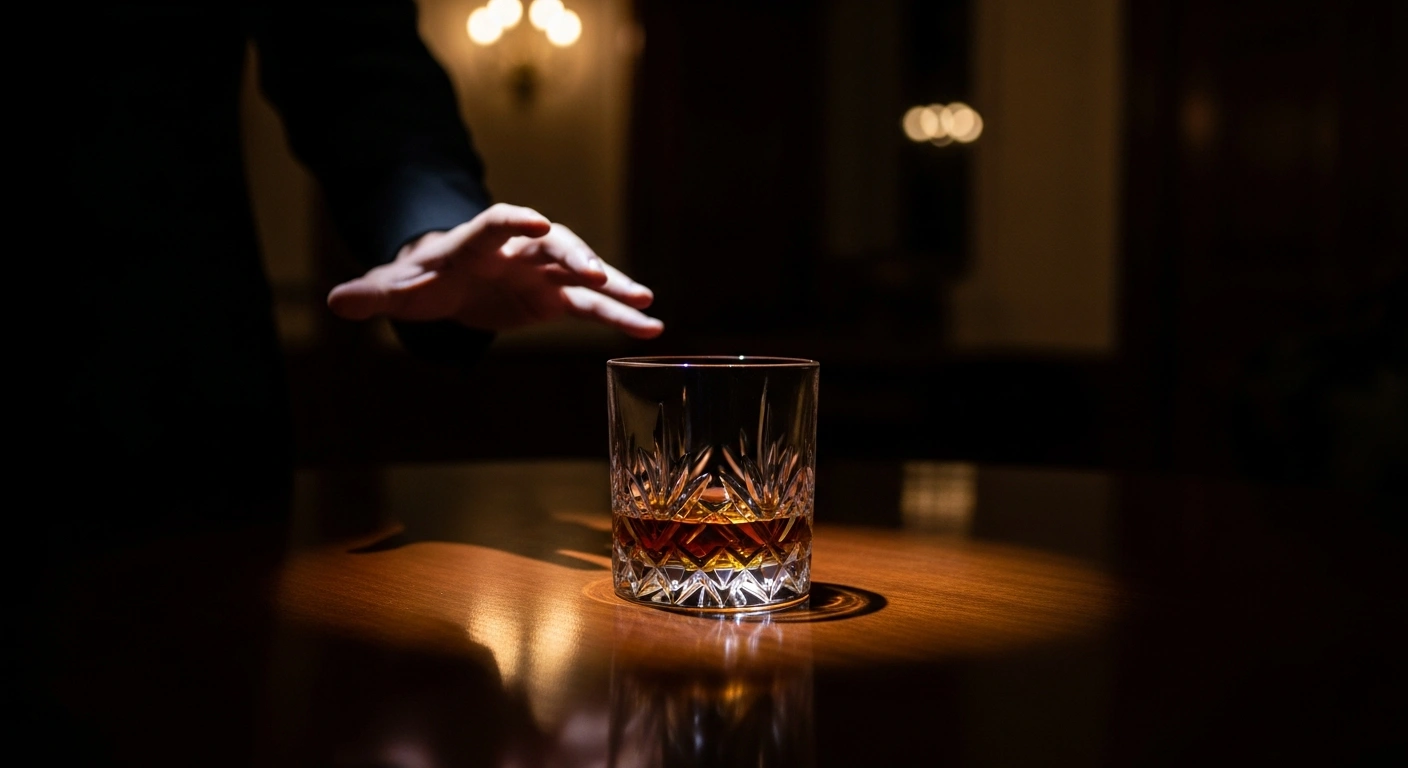 A crystal glass containing an amber liquid sits on a polished mahogany table in a dimly lit, opulent room, symbolizing the spiked drink involved in the trial of former French Senator Joël Guerriau, accused of administering MDMA to MP Sandrine Josso.