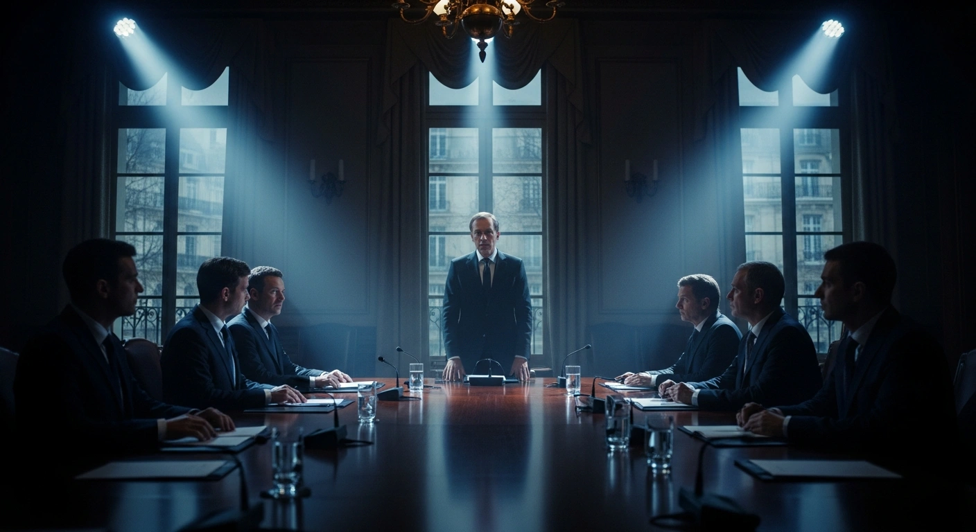 A tense political meeting takes place within the French Socialist Party as members debate the leadership of Olivier Faure and their coalition strategy.