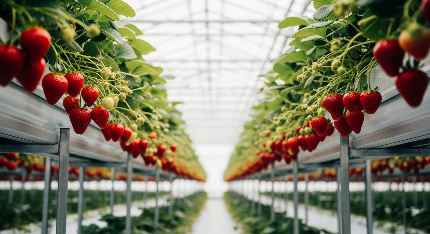 Rows of ripe strawberries grow in a modern soil-less hydroponic greenhouse in the Rhône Valley to improve agricultural efficiency.