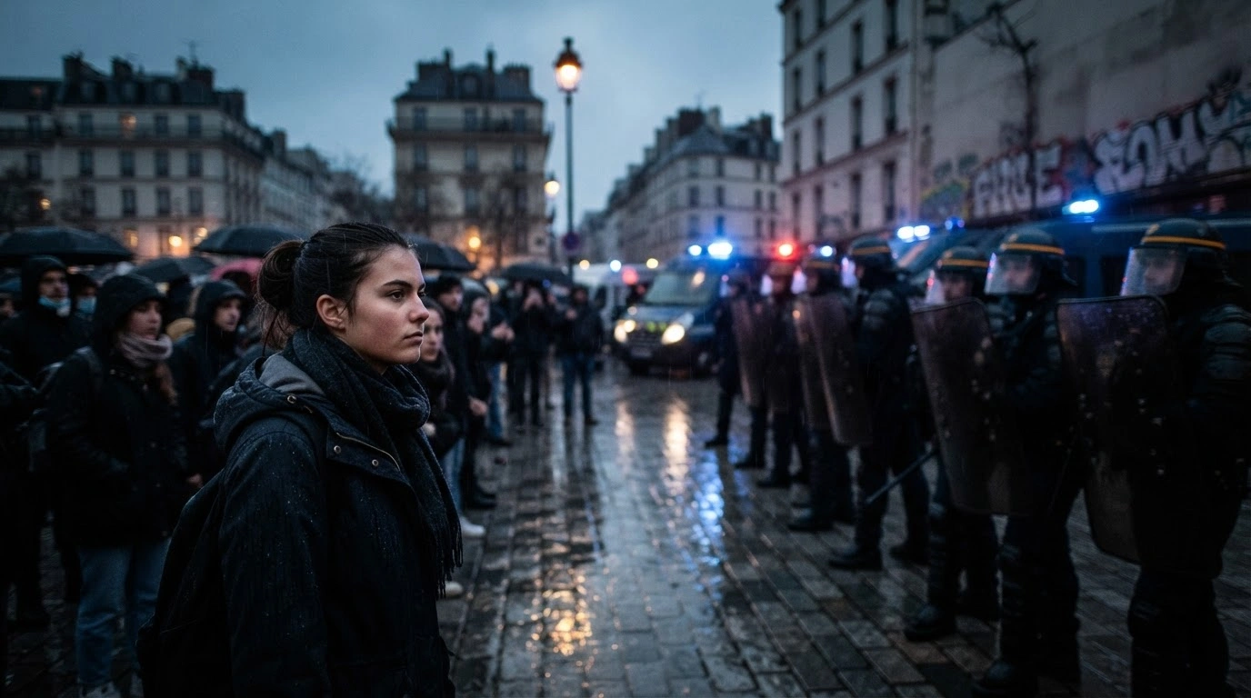 French police officers stand in a line facing a group of student protesters during a demonstration in France.