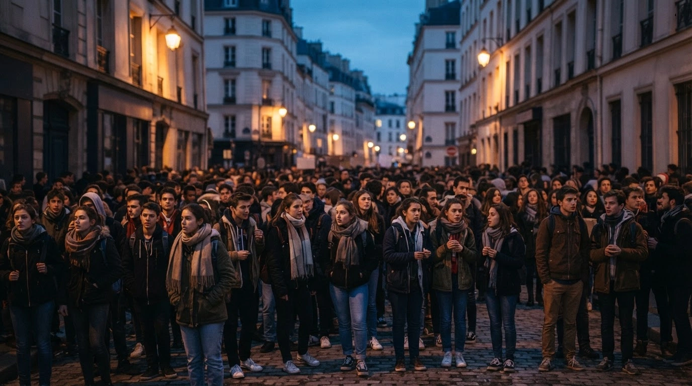 French students gather in a city street to protest against government restrictions on demonstrations.
