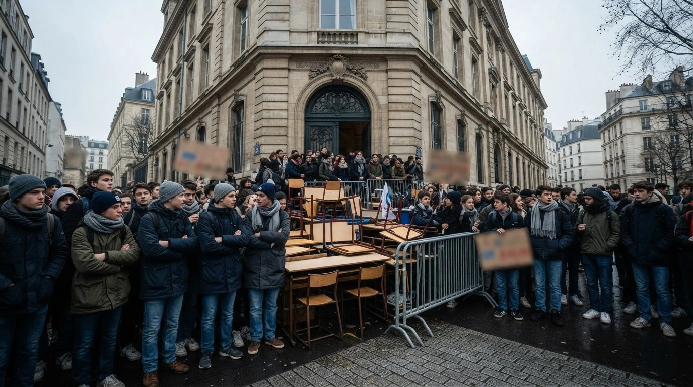 French students gather in front of a lycée to protest against education reforms and funding cuts.