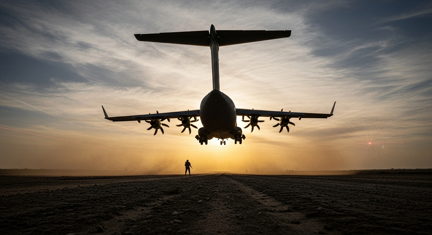 A French A400M Atlas military transport aircraft lands on a dusty, improvised runway at dusk, with ground personnel and subtle anti-drone activity visible, simulating high-intensity modern warfare during the TARANIS 2025 air force drill.