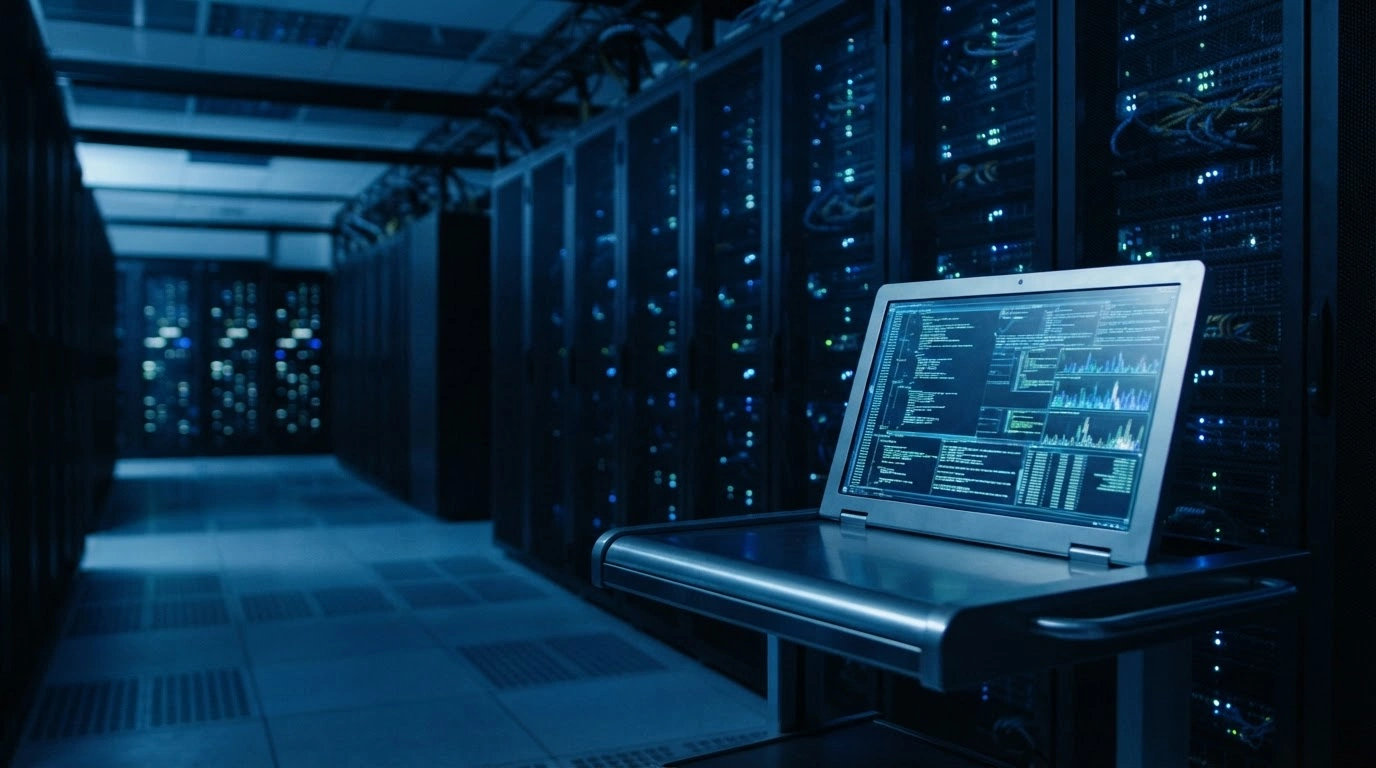 A dark server room represents the French public finance authority data breach that exposed the personal and financial information of thousands of individuals.