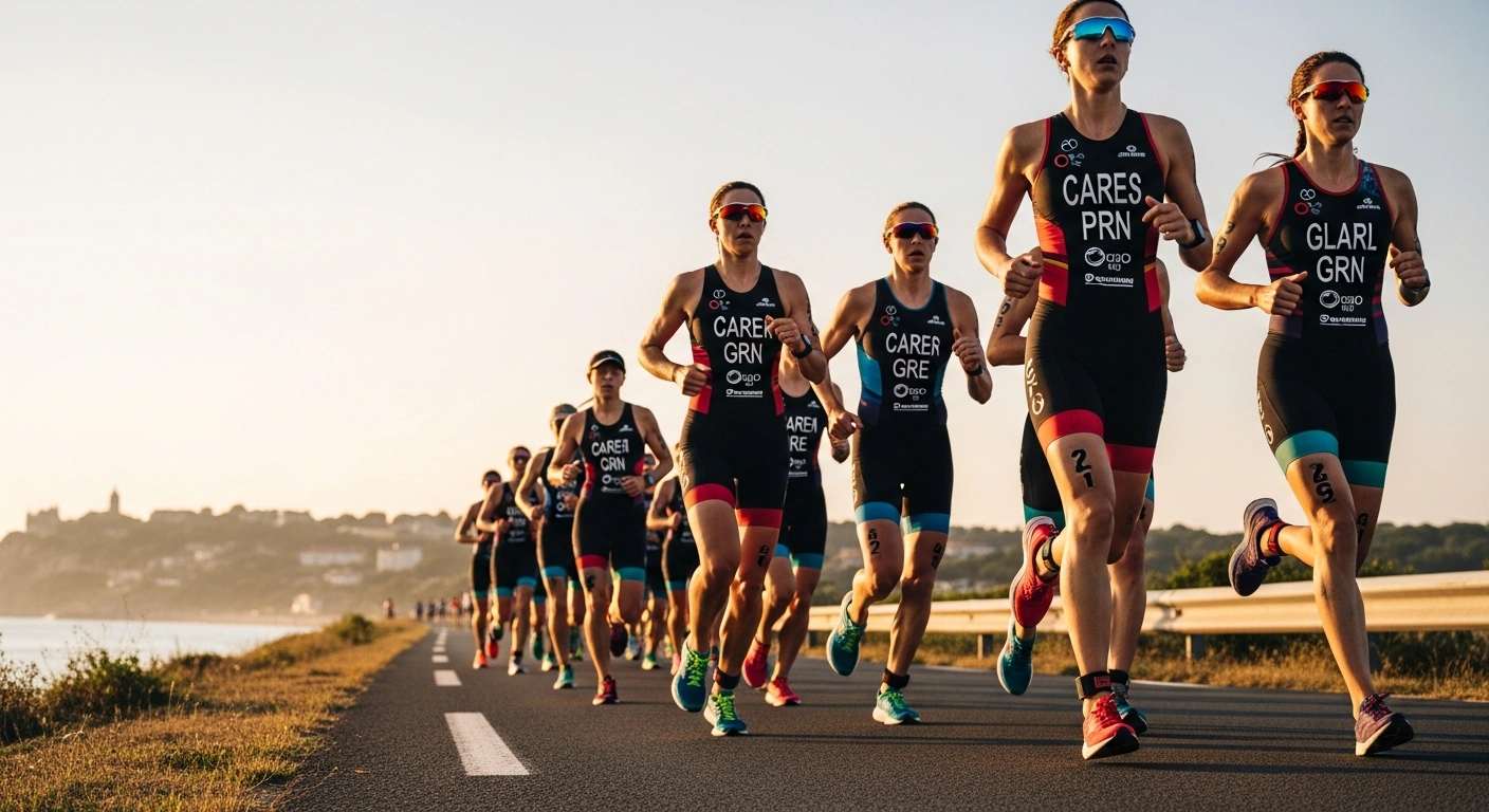 A group of female triathletes runs together on a coastal road in France to celebrate the record-breaking female participation in the French Triathlon Federation.