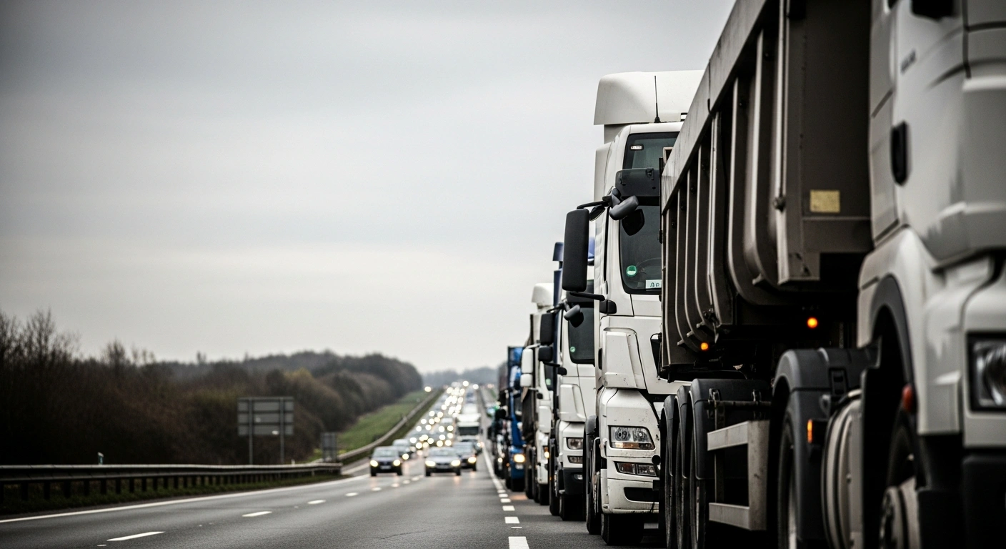 A long line of heavy trucks blocks the A7 motorway in France during a protest against rising fuel prices.