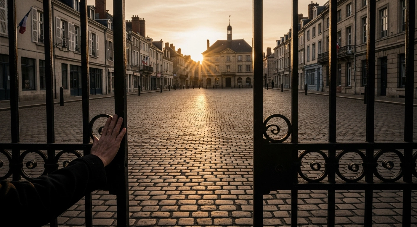 A close-up shot of a weathered hand resting on an ornate, closed wrought-iron gate in a historic French town square at dusk, symbolizing the temporary pause on legal immigration backed by 67% of French voters according to a recent CSA poll, reflecting support for Justice Minister Gérald Darmanin's proposal.