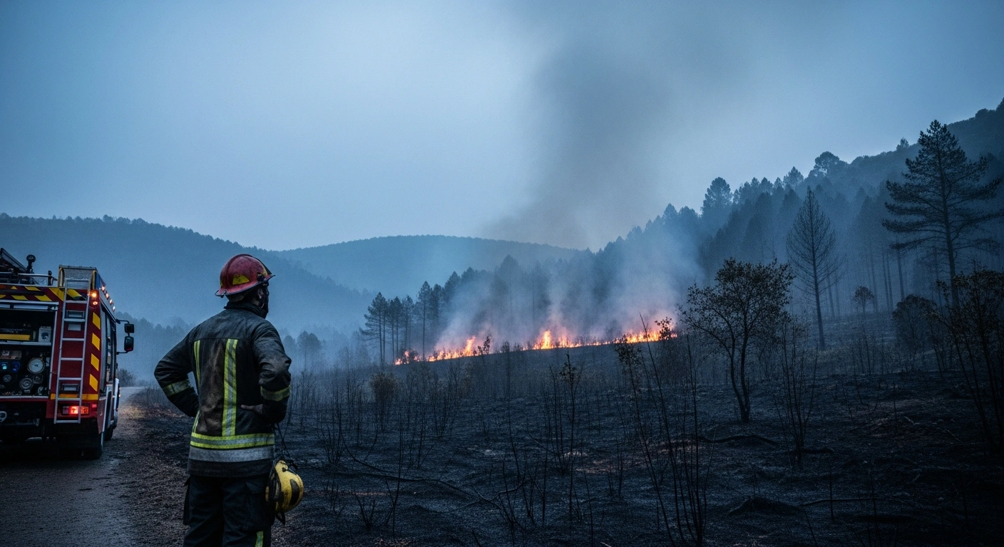 A firefighter stands in a damp, smoke-cleared forest in southwest France after officials lifted evacuation orders due to favorable weather conditions.