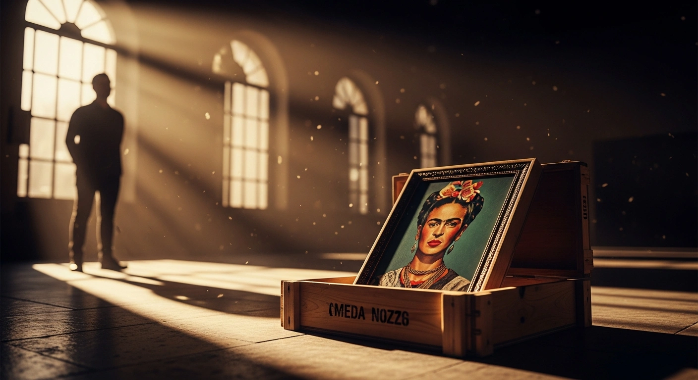 A valuable Frida Kahlo painting sits inside a wooden shipping crate in a Mexican gallery as heritage advocates express concerns over the international transport of national cultural artifacts.