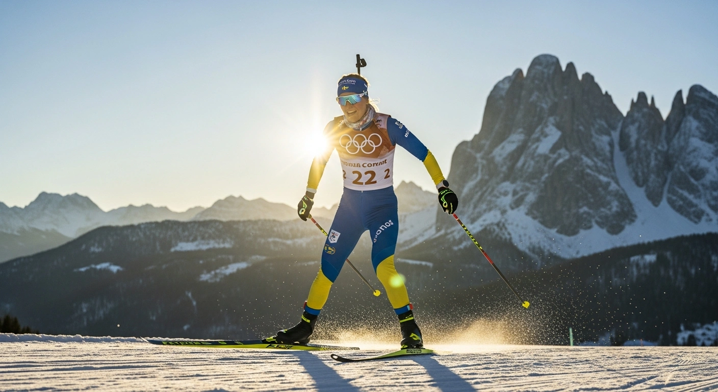 A low-angle, sun-drenched photograph captures Swedish skier Frida Karlsson, wearing her first individual Olympic gold medal, skiing triumphantly through snow-covered mountains at the 2026 Milan Cortina Winter Olympics after winning the women's 20-kilometer skiathlon.